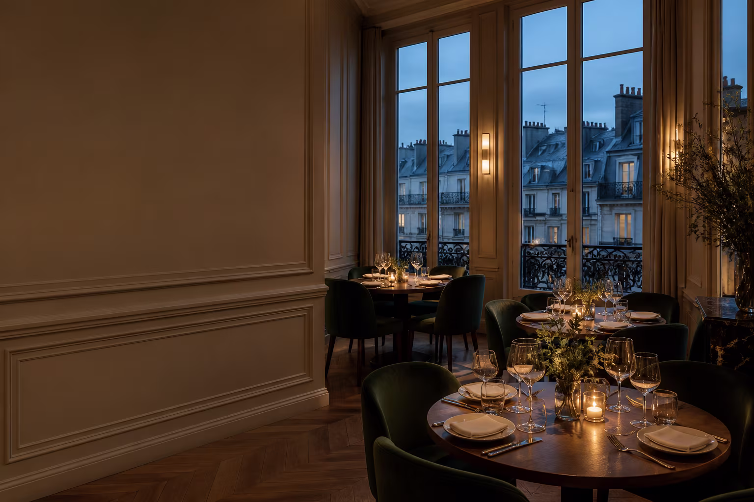 Illustrative Paris restaurant dining room with set tables